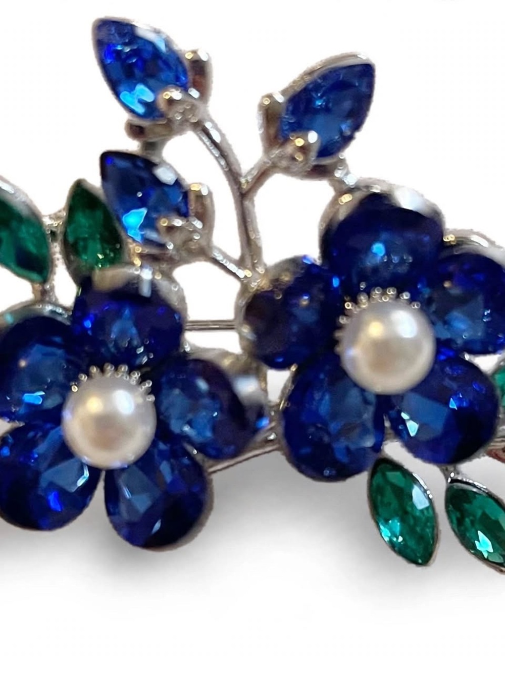 Blue Crystal Floral Brooch with Pearl Centers